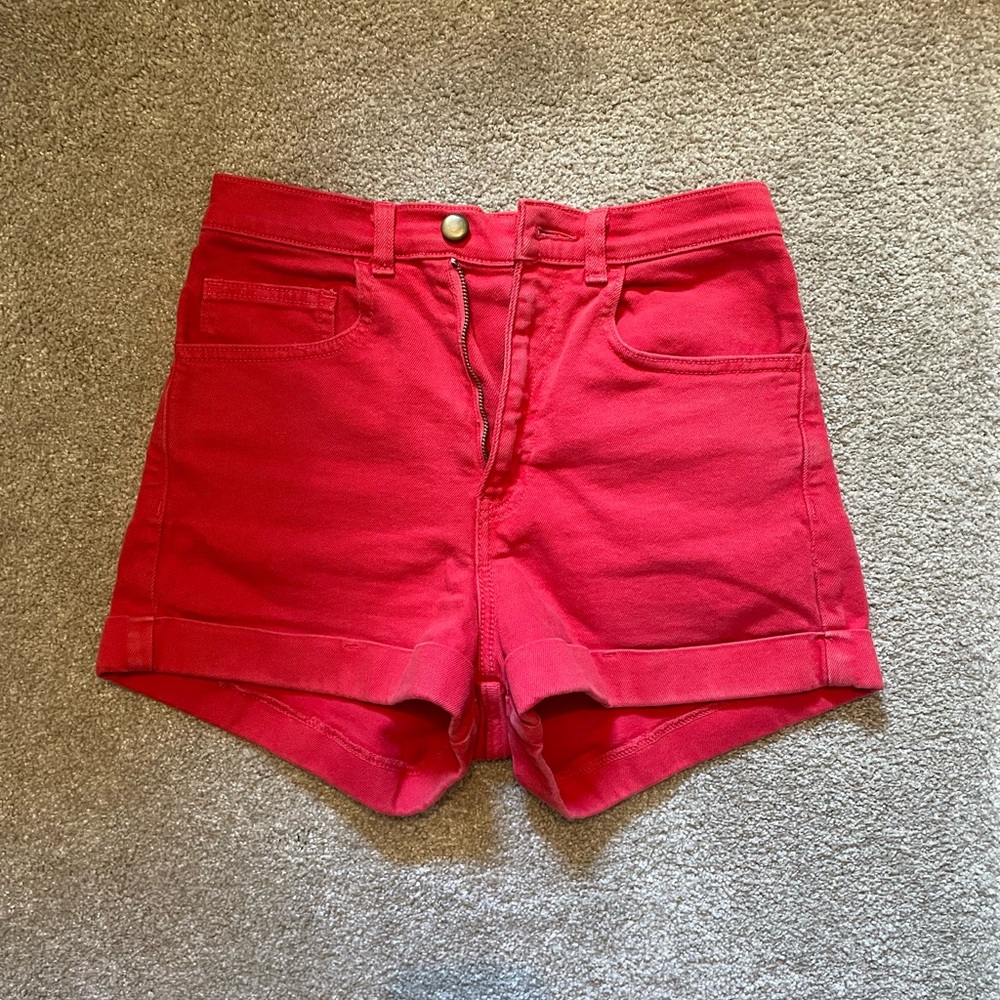 High-waisted red denim shorts
